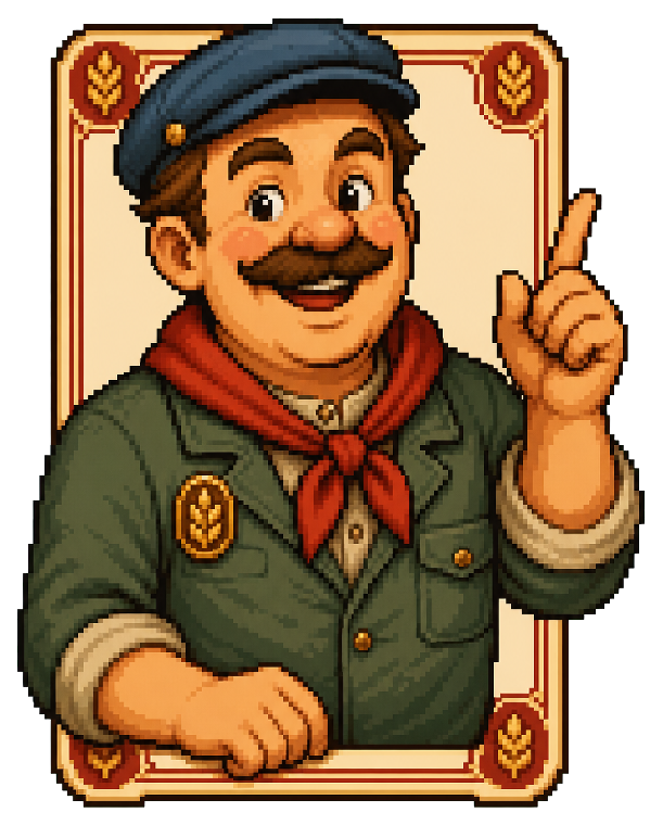 Foreman Misha, a stout pixel-art farm foreman in cap and coat